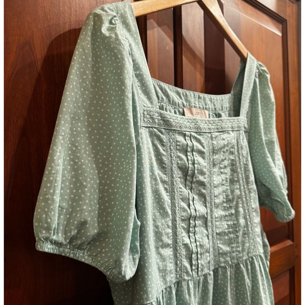 LOFT Women's Green Polka Dot Puff Sleeve Square Neck Cotton Blouse Top Large - Picture 6 of 13